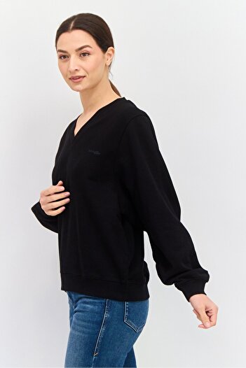 WRANGLER Women V Neck Long Sleeve Brand Logo Sweatshirt, Black