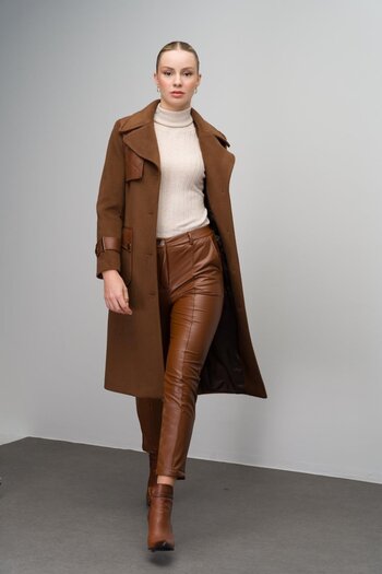 Olcay Men's Coat with Leather Cape and Garni Detail - Tube 3083