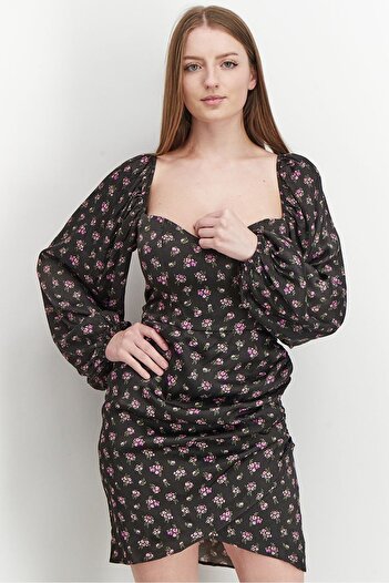 NA-KD Women Floral Shaped Cups Satin Mini Dress, Black