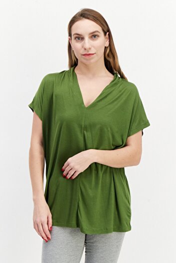 Tchibo Women V-Neck Short Sleeve Plain Top, Green