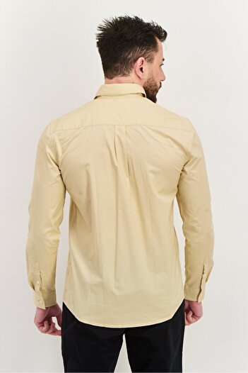 Esprit Men Regular Fit Embroidered Logo Long Sleeves Casual Shirt, Light Beige