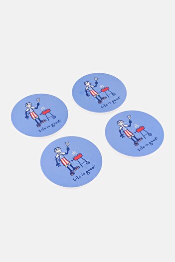 Life is Good 4 Pieces Jake Grilling Print Ceramic Coasters, Multicolor