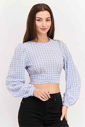 NA-KD Women Crew Neck Long Sleeve Checkered Blouse, Blue