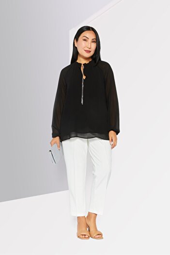 Michael Kors Women Tie Neck Long Sleeves Plain Blouse, Black
