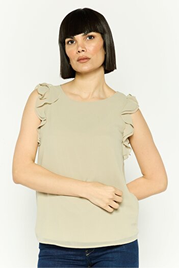 Esprit Women Round Neck Ruffle Sleeve Plain Top, Mint Grey