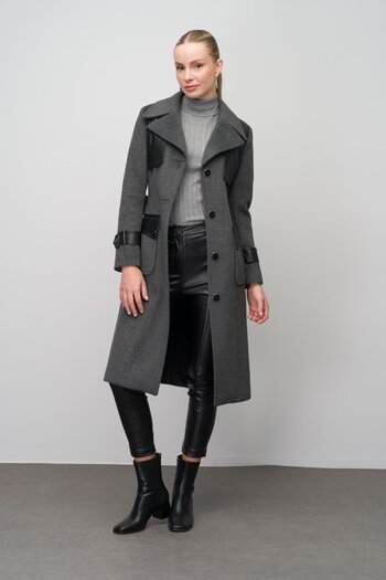 Olcay Men's Leather Cape and Garni Detailed Coat - Dark Gray 3083