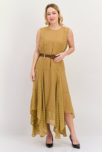 Calvin Klein Women Belted Handkerchief Hem Midi Dress, Camel