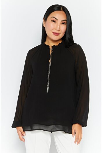 Michael Kors Women Tie Neck Long Sleeves Plain Blouse, Black
