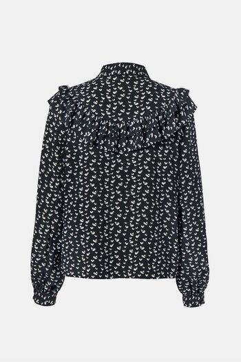 Tchibo Women Spread Collar Long Sleeve Allover Print Top, Black