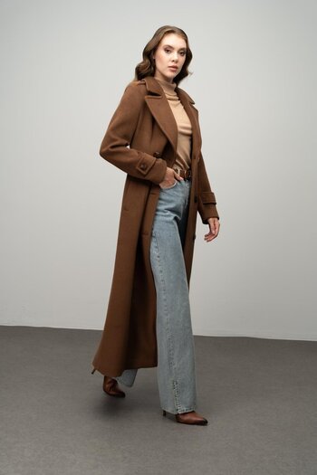 Olcay Double-Breasted Long Coat with Epaulet Detail Tütün 3056