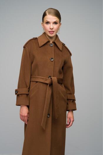 Olcay Shirt Collar Epaulette Detailed Oversize Long Coat Tobacco 3064