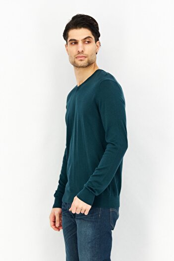 CELIO Men V-Neck Long Sleeves Plain Sweater, Teal Green