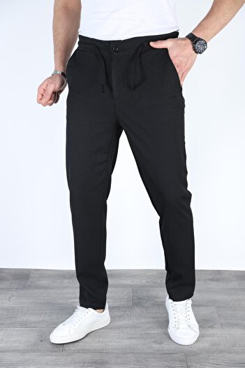 Bürke Men's Black Color Elastic Waist Lace-Up Quality Casual Winter Trousers