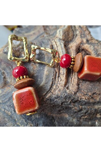 azra takı tasarım Handmade Ceramic, Red Coffee Women's Earrings