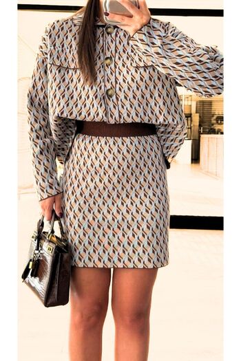 STLB Brown-Blue Knitwear Set with Shirt and Mini Skirt
