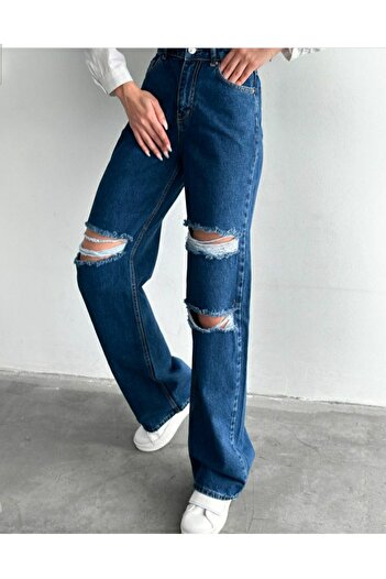 Trn JNS Criss Likralı Kadın Koyu Mavi Yırtık Süper Yüksek Bel Salaş Paça Denim Salaş Palazzo Pantolon