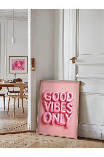 STARYUNA Good Vibes Only balonlu modern ahşap çerçeveli pembe tablo yuna53