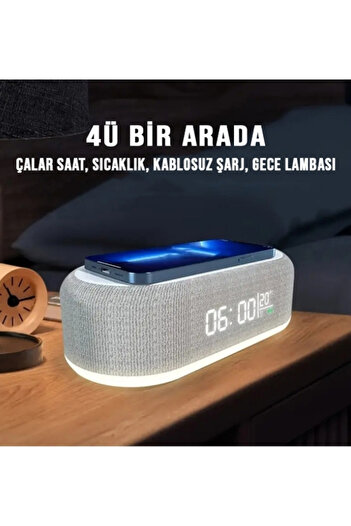Halımax Dekoratif 4'ü Bir Arada Kablosuz Şarj Aleti Alarm Sıcaklık Göstergesi Hediyelik Gri Gece Lambası 15W