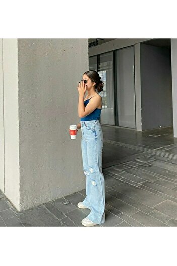 Trn JNS Criss Likralı Kadın Buz Yırtık Süper Yüksek Bel Salaş Paça Denim Salaş Palazzo Pantolon