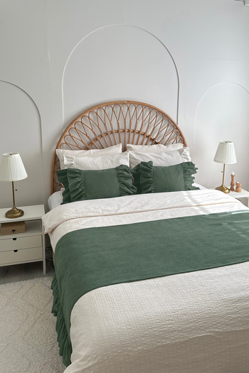 RİTMOHOME Bed Runner & Inner Filled Throw Pillow Set Double Size Ruffled Green, Dowry, Bedspread