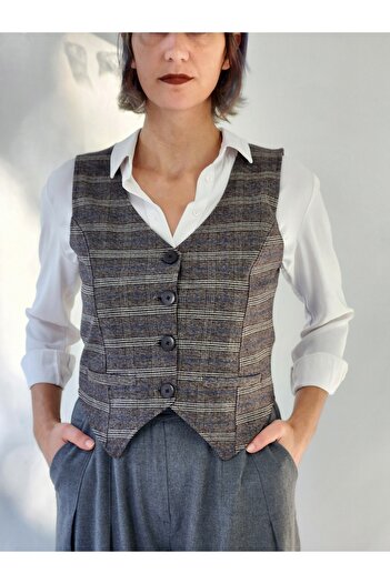 YAXİ Brown Plaid Patterned Ornament Pocket Buttoned Woven Vest