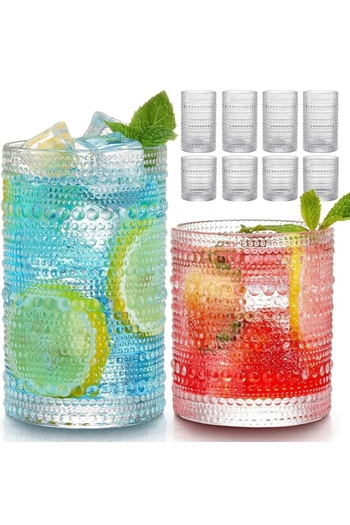 Yenigeldi 4 Pieces Vintage Hobnail Glasses - 330 ml Antique Beads Embossed Coffeewhisky