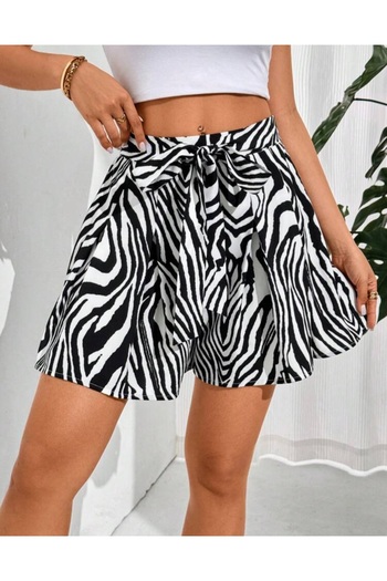 MAROVOAY Zebra Pattern Waist Belted Mini Flared Skirt
