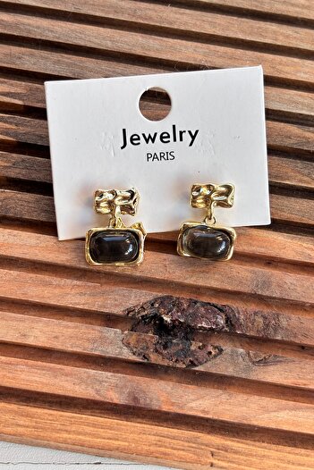 Berrin Silver Gold Enameled Stone Detailed Steel Earrings