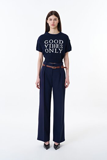 Quzu Belt Detailed High Waist Wide Leg Trousers Navy Blue
