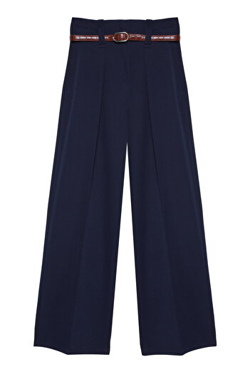 Quzu Belt Detailed High Waist Wide Leg Trousers Navy Blue