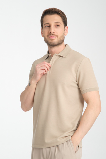 Frappoli Walfer Men's Slim Fit Polo Neck T-Shirt - Dark Beige, 100% Cotton, Non-Drawing Waffle Fabric