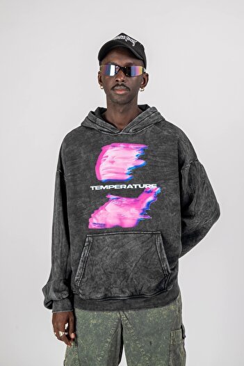 Sekizbiraltı Temperature Printed Black Oversize Unisex Hoodie - Washable