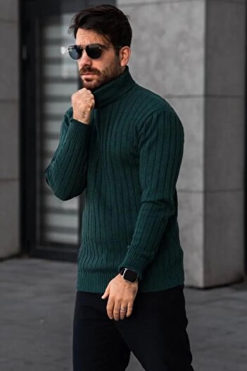 Black Sokak Men's Turtleneck Turtleneck Green Winter Knitwear Sweater