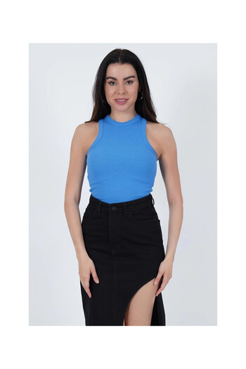 Cotton Mood 23254307   - Blue Crew Neck Ribbed Camisole Undershirt