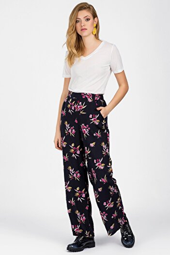 Cotton Mood 9102425 Viscose Patterned Pocketed Wide Leg Long Trousers Navy Blue Flower Pattern