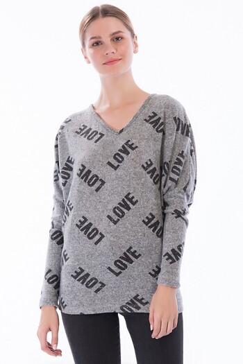 Cotton Mood 83609451 Yumoş Love Printed V-Neck Bat Blouse Gray