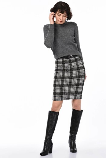 Cotton Mood 8515176 Plaid Patterned Pencil Skirt with Elastic Waist and Slits