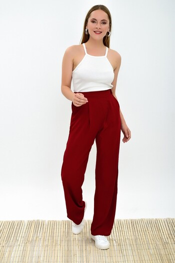 Cotton Mood 9313333 Viscose Pocketed Wide Leg Pleated Trousers Bordo