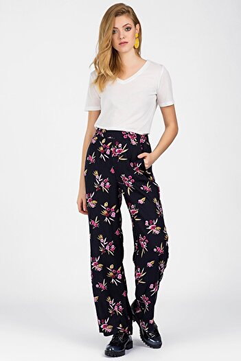 Cotton Mood 9102425 Viscose Patterned Pocketed Wide Leg Long Trousers Navy Blue Flower Pattern