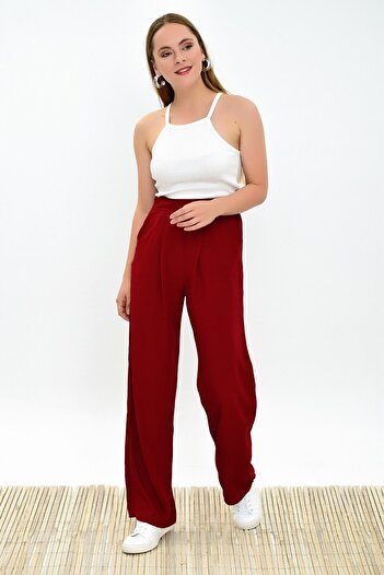 Cotton Mood 9313333 Viscose Pocketed Wide Leg Pleated Trousers Bordo