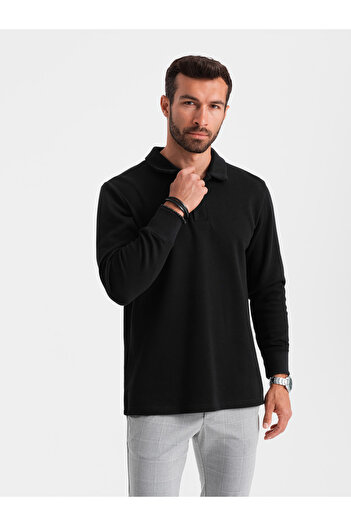 OMBRE Men's structured knit polo collar sweatshirt - black V8 OM-SSNZ-0149 M