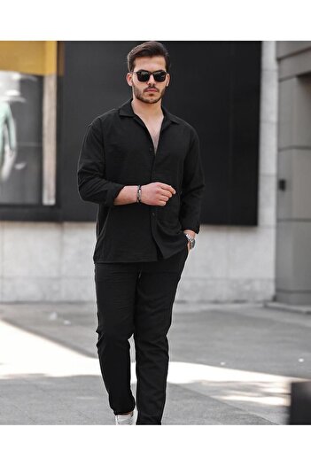 Black Sokak Men's Black Summer Long Sleeve Shirt Suit