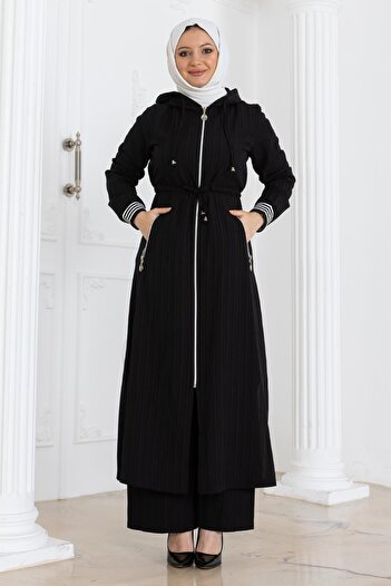Modamihram Black Hoodie and Lace up Waist Suit - 19236