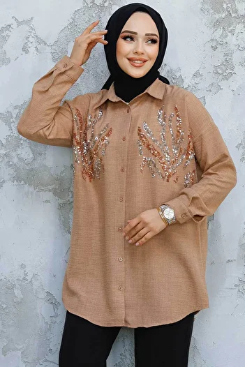Neva Style Πουκάμισο Hijab Camel με χάντρες 4526C