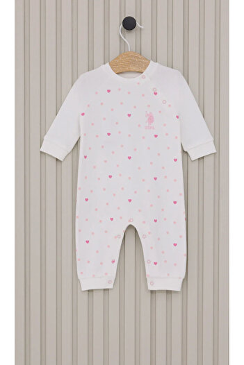 U.S. Polo Assn. Licensed Uspa White Heart Themed Long Sleeve Snap Fastener Footless Romper for Baby Girl