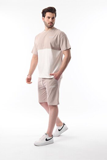 Madmext Beige Printed Color Block Cotton Adjustable Waist Shorts Set 5952