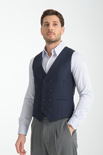 Frappoli Alfredo Dark Dark Blue Straw Fabric Basic Double Breasted V-Neck Slim Fit Vest