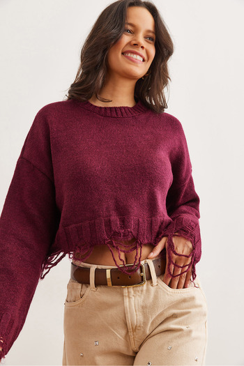 Olalook Women's Burgundy Laser Ripped Detailed Soft Textured Knitwear Sweater Kzk- 19000885
