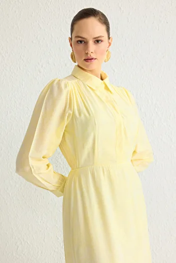 Trendyol Modest Light Yellow Jacquard Shirt Collar Woven Dress Tctss25Eb00009