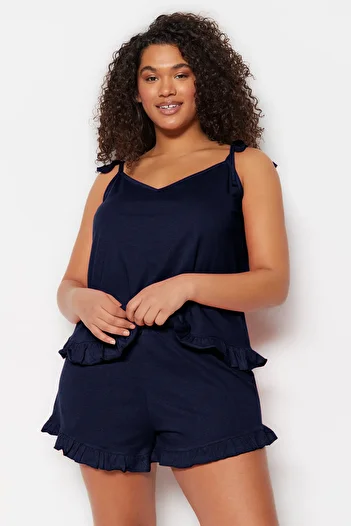 Trendyol Curve Navy Blue Strap Knitted Ruffle Detail Shorts Pajama Set Tbbss22Pt0564